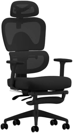 MUSSO E600 SE Chaise avec Repose-Pieds et Soutien Lombaire, Noir, 155–178 cm, Soutien 3 niveaux, Accoudoirs 3D, Assise 5 cm, 90–125°, Maille