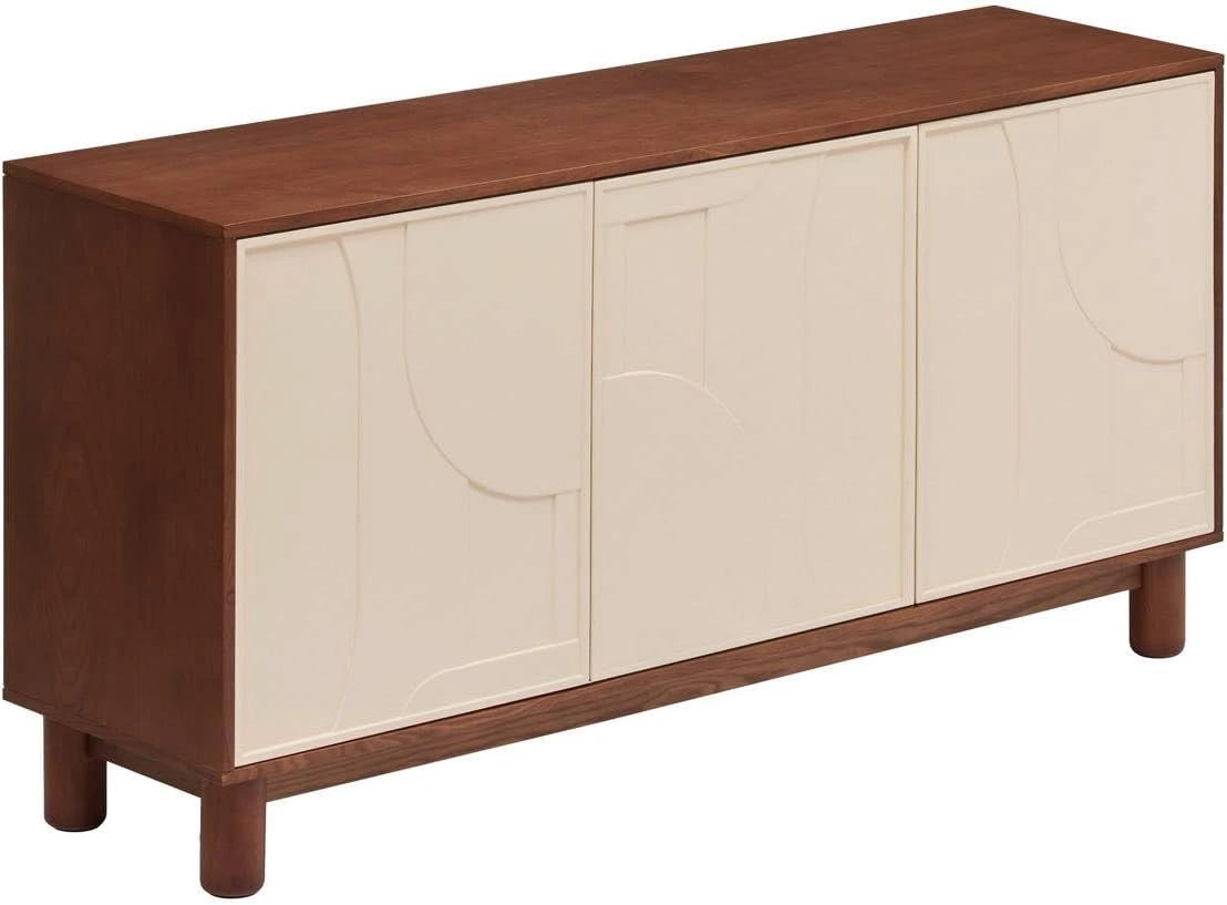 Atmosphera - Buffet Jilani, Meuble de Rangement 3 Portes avec 6 Etagères, 150x40 cm, Design Géométrique en Relief, Bois Marron et Pieds Hévéa