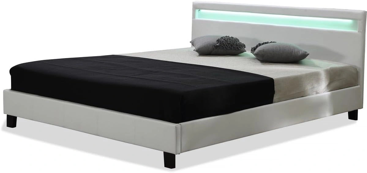 Habitat et Jardin - Lit Double Maria en Simili Blanc avec LED Intégrées 140 x 190 cm, Cadre de Lit 2 Places Design, Sommier à Lattes
