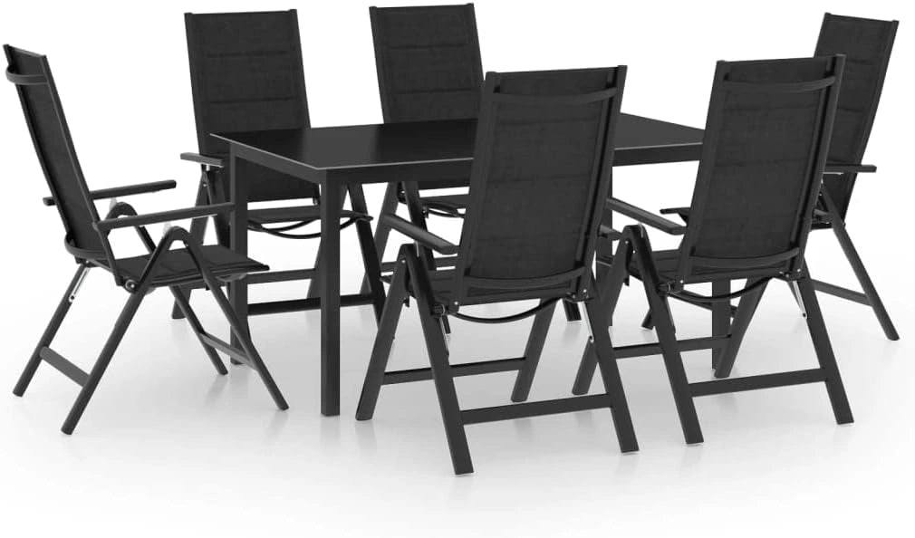 Salon de jardin 7 pièces en aluminium anthracite, Chaises pliantes avec dossier réglable en 7 positions, jusqu'à 110 kg par siège, table en verre