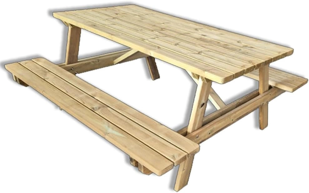 SUNWOOD Table de pique-nique en bois avec bancs intégrés 180 x 165 cm, 6 places, en pin massif, fabriquée en Italie