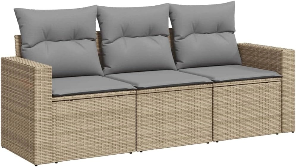 Ensemble de canapé de jardin 3 pièces avec coussins en rotin synthétique beige, 65,5 x 62 x 69 cm, 2 canapés d'angle et 1 canapé central