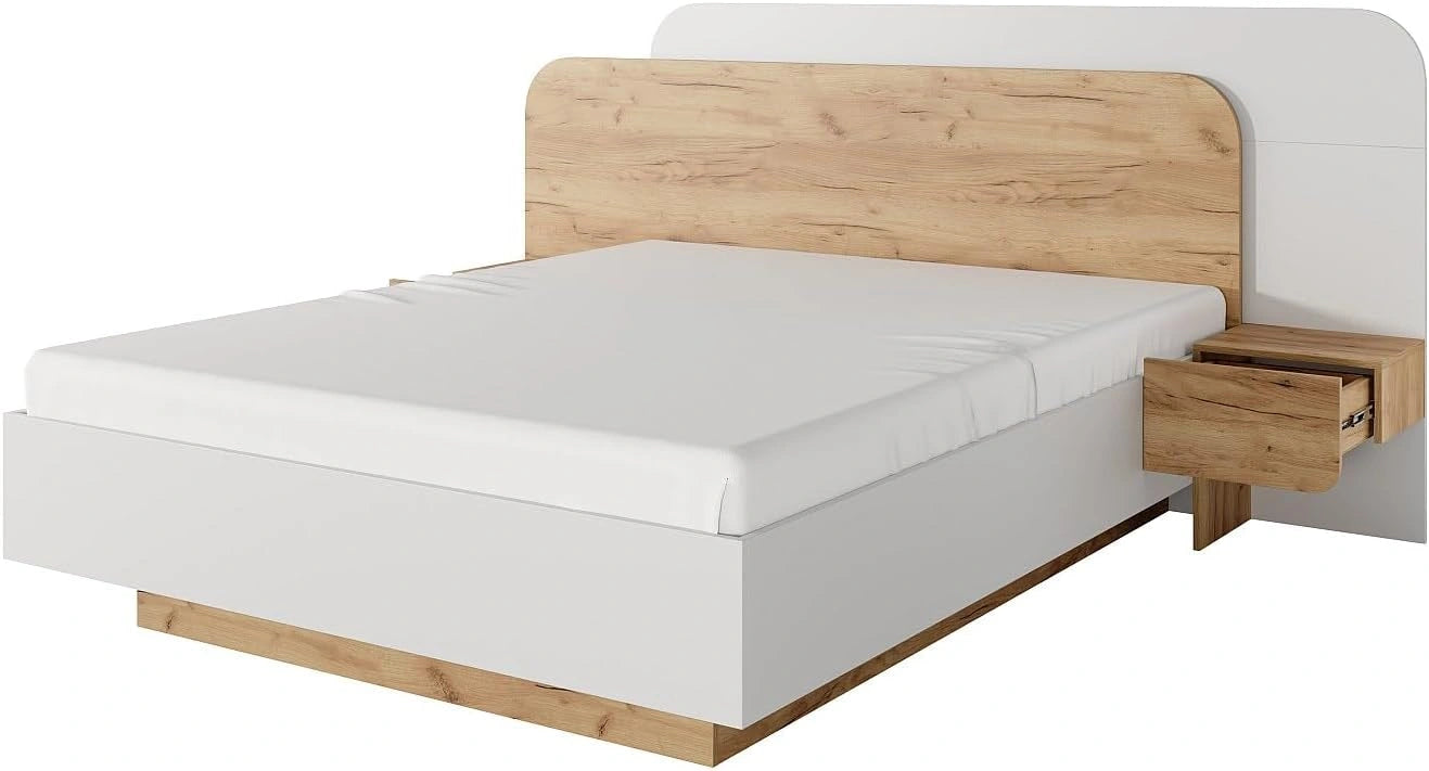 Vente-unique-Lit avec chevets 160 x 200 cm - avec LEDs - Coloris: Naturel et Blanc - DESADO