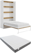 Vente-unique - Lit escamotable 120 x 200 cm - Ouverture Verticale Manuelle - avec LEDs - Blanc et Naturel + Matelas - RAPILI