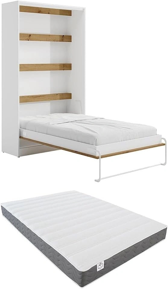 Vente-unique - Lit escamotable 120 x 200 cm - Ouverture Verticale Manuelle - avec LEDs - Blanc et Naturel + Matelas - RAPILI