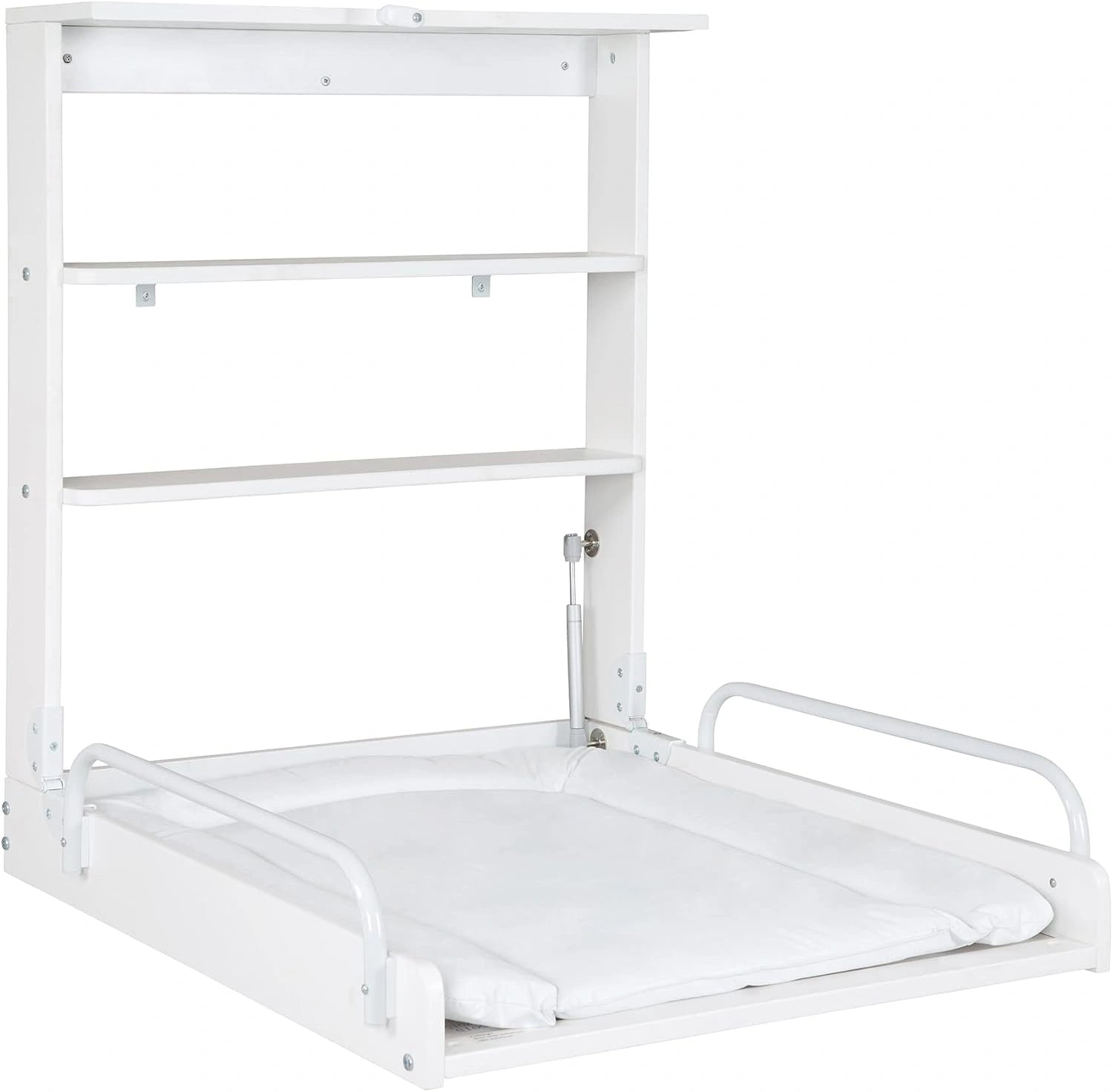 roba Table à Langer Murale Pliante en Bois Laqué Blanc avec Matelas de Change - 2 Étagères Pratiques - peu Encombrante - Supporte Jusqu'à 15 kg