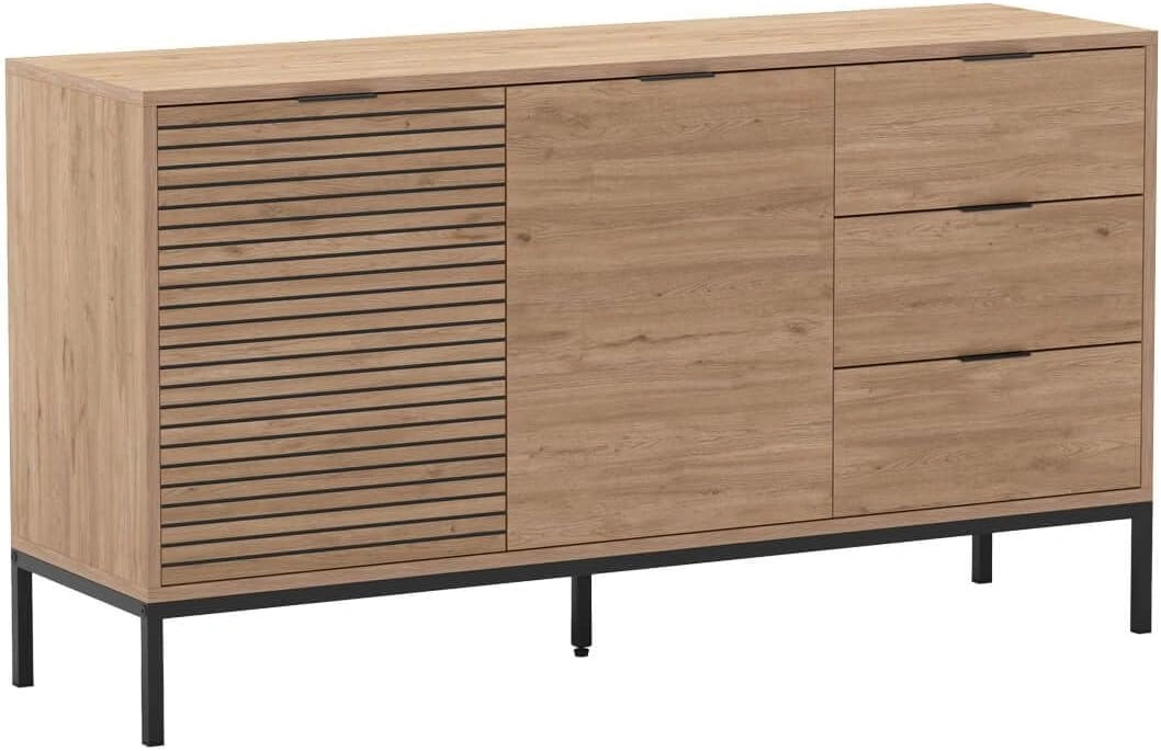 AltoBuy Appa - Buffet 2 Portes 3 Tiroirs Aspect Bois Tasseaux Pieds Métal