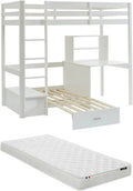 Vente-unique - Lit Mezzanine 90 x 200 cm avec Bureau, canapé Convertible et rangements - Pin Massif - Blanchi + Matelas - Goliath III - pour Enfant