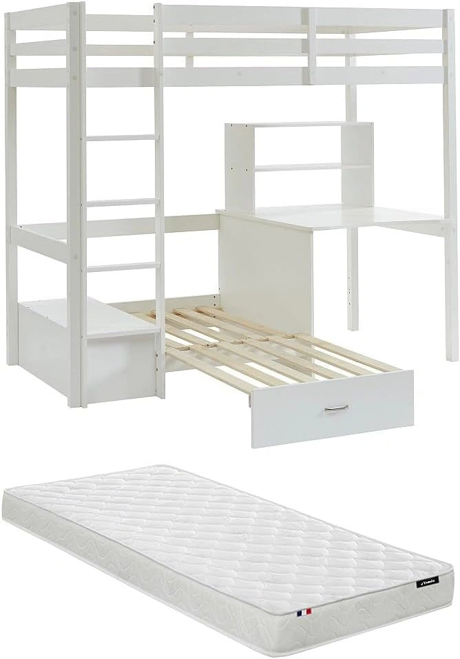 Vente-unique - Lit Mezzanine 90 x 200 cm avec Bureau, canapé Convertible et rangements - Pin Massif - Blanchi + Matelas - Goliath III - pour Enfant