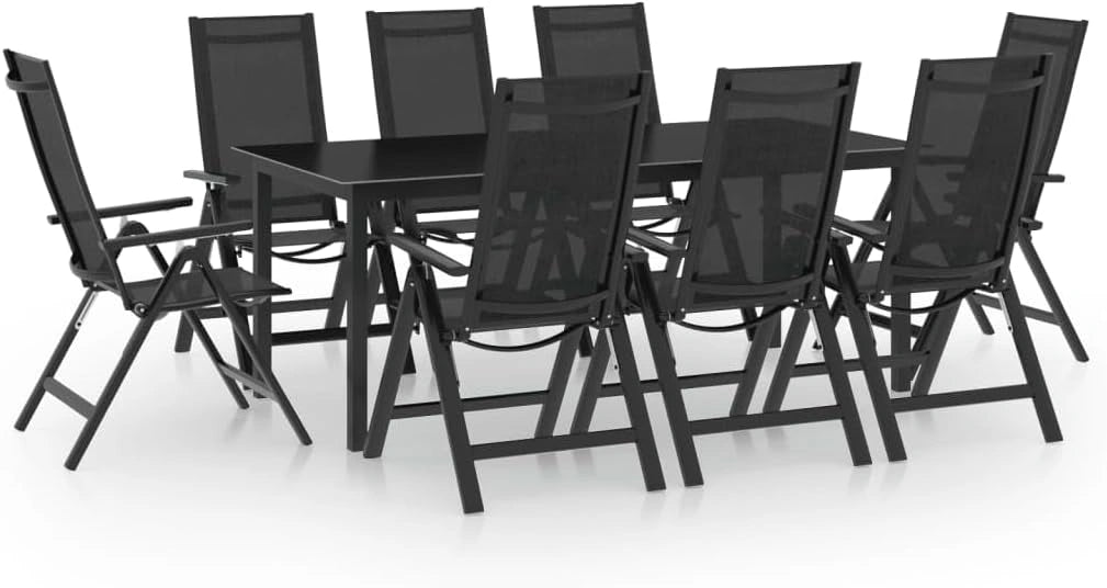 Salon de jardin en aluminium anthracite 9 pièces avec chaises pliantes et dossiers réglables en 7 positions, table avec plateau en verre
