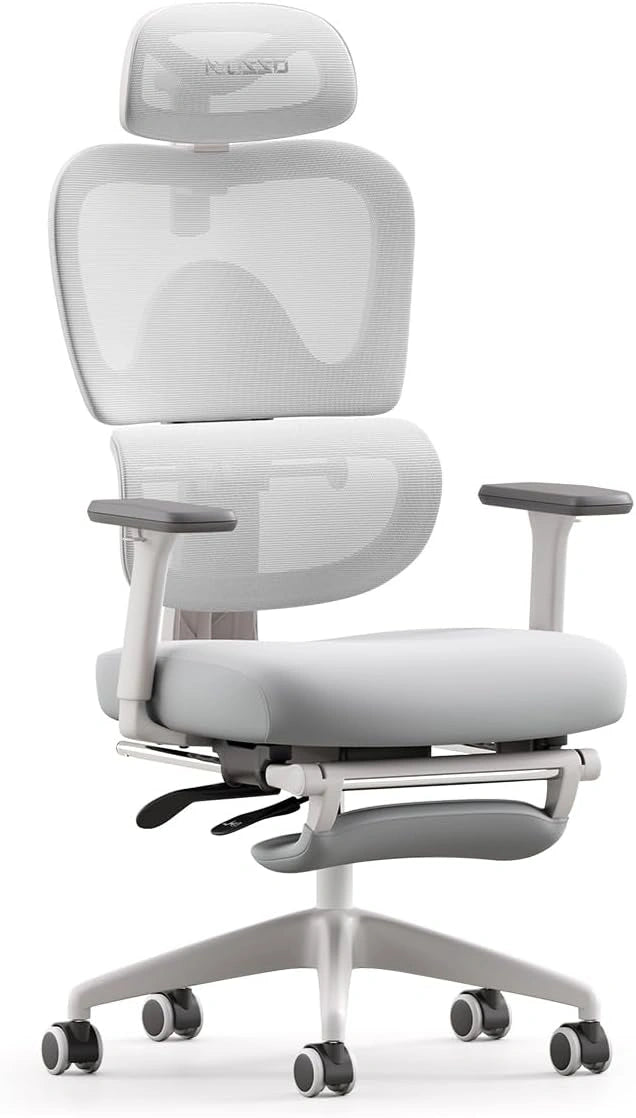 MUSSO E600 SE Chaise avec Repose-Pieds et Soutien Lombaire, Gris, 155–178 cm, Soutien 3 niveaux, Accoudoirs 3D, Assise 5 cm, 90–125°, Maille