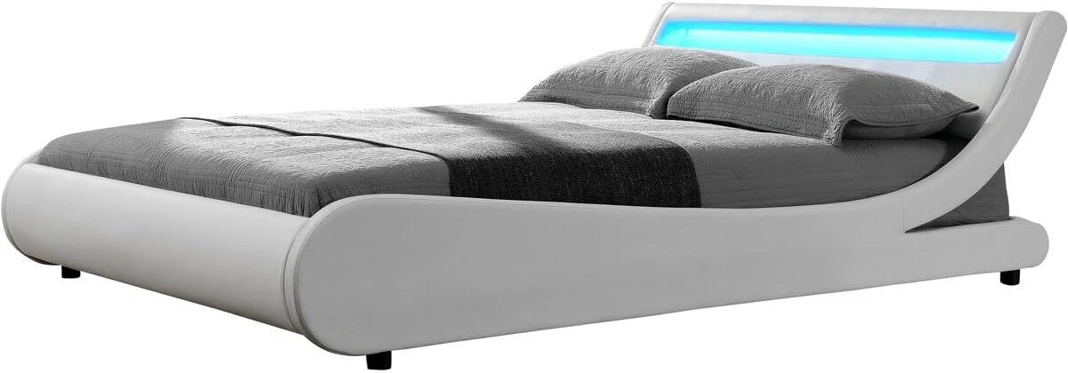 Habitat et Jardin - Lit Double Natacha en Simili Blanc avec LED Intégrées 160 x 200 cm, Cadre de Lit 2 Places Design, Sommier à Lattes