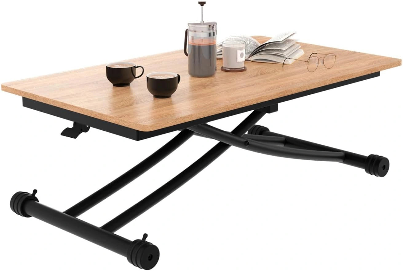 IDMarket - Table Basse Fixe relevable en Table à Manger Urbana Bois/Noir, plateau bois et pied noir, 100 x 57 x 28/75 cm, design industriel