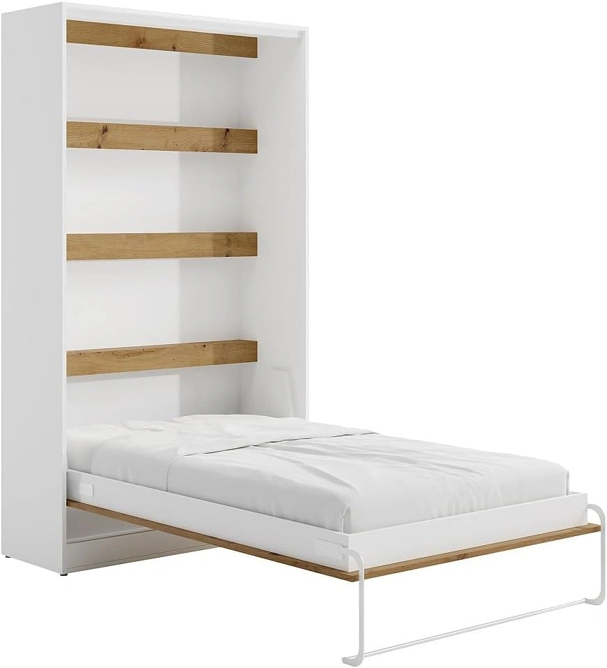Vente-unique - Lit escamotable 120 x 200 cm - Ouverture Verticale Manuelle - avec LEDs - Blanc et Naturel - RAPILI