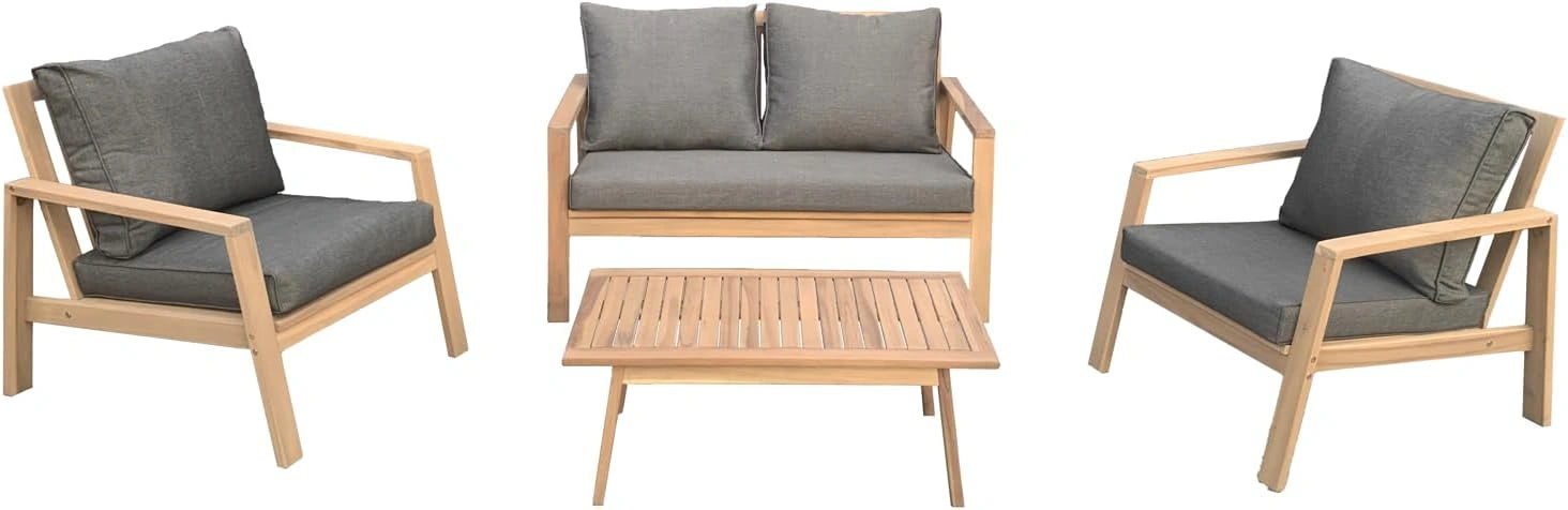 Happy Garden Salon de Jardin Gili en Acacia avec Coussins Gris. Ensemble canapé, fauteuils et Table Basse d'extérieur pour 4 Personnes