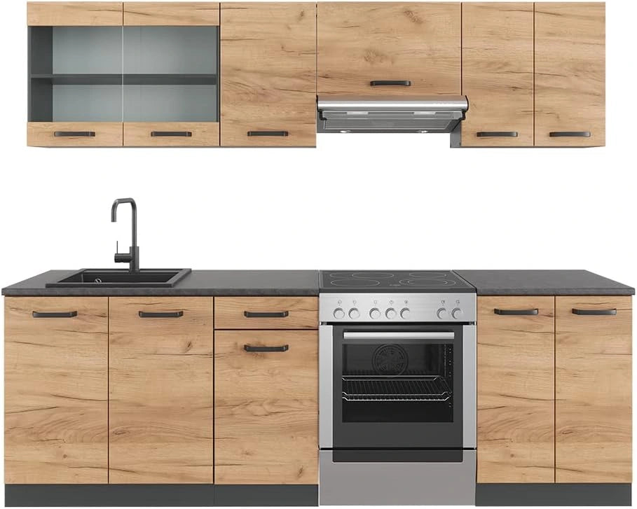 Vicco Ligne de Cuisine Raul, 240 cm, Chêne doré/Anthracite, PT À motifs noirs, combinable de manière flexible avec des éléments modulaires