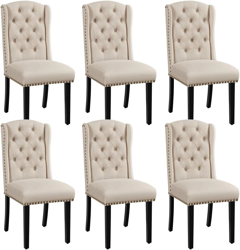 Yaheetech Lot de 6 Chaises de Salle à Manger en Tissu Effet Lin Design Classique Boutonné Ensemble de Chaises de Cuisine Rembourrées avec Pieds