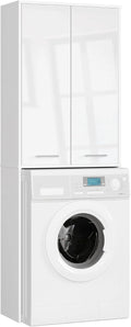 AKORD Meuble Buanderie Machine à Laver Fin 180, Blanc et Blanc Brillant, L64 x H180 x P30 cm, Meubles de Salle de Bain