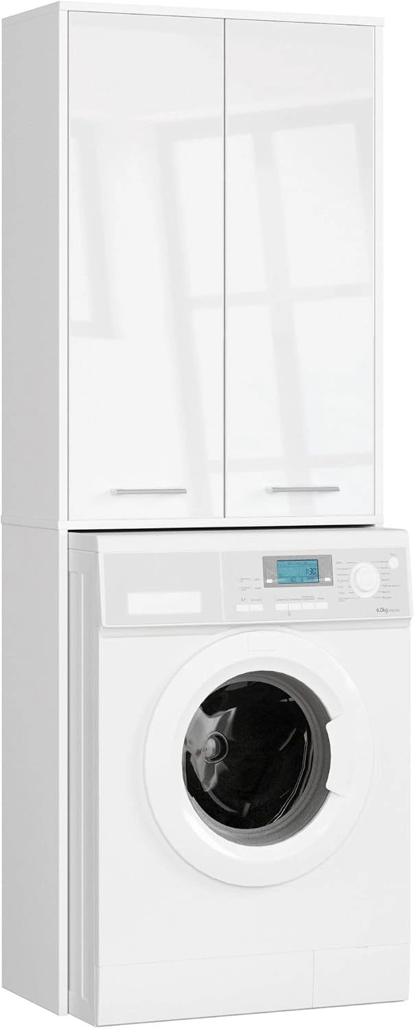 AKORD Meuble Buanderie Machine à Laver Fin 180, Blanc et Blanc Brillant, L64 x H180 x P30 cm, Meubles de Salle de Bain