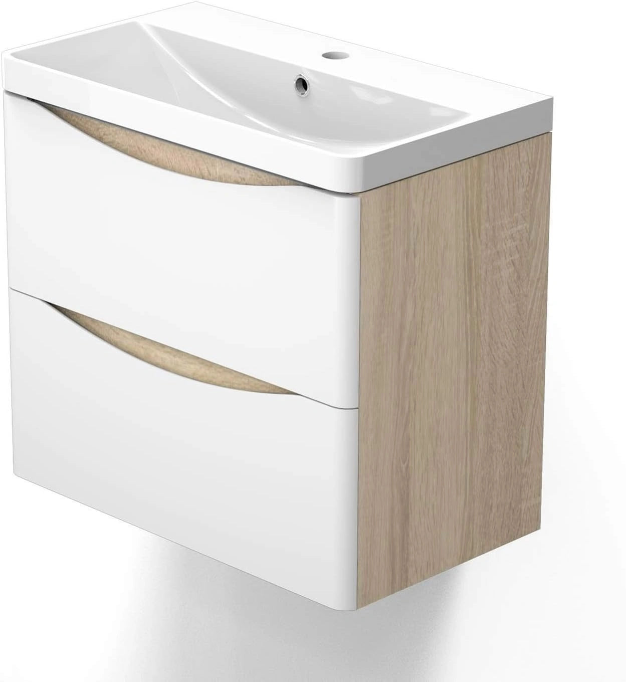 AICA sanitaire Meuble sous Vasque De Salle De Bain Suspendu Blanc et Bois Clair avec Lavabo Espace De Rangement 60 cm