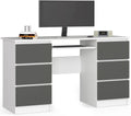 AKORD, Blanc + Gris Graphite Devant, 6 Tiroirs (2x3), 135 x 77 x 50 cm, 60 kg, Bureau avec Plateau pour Clavier, Écritoire pour Bureau