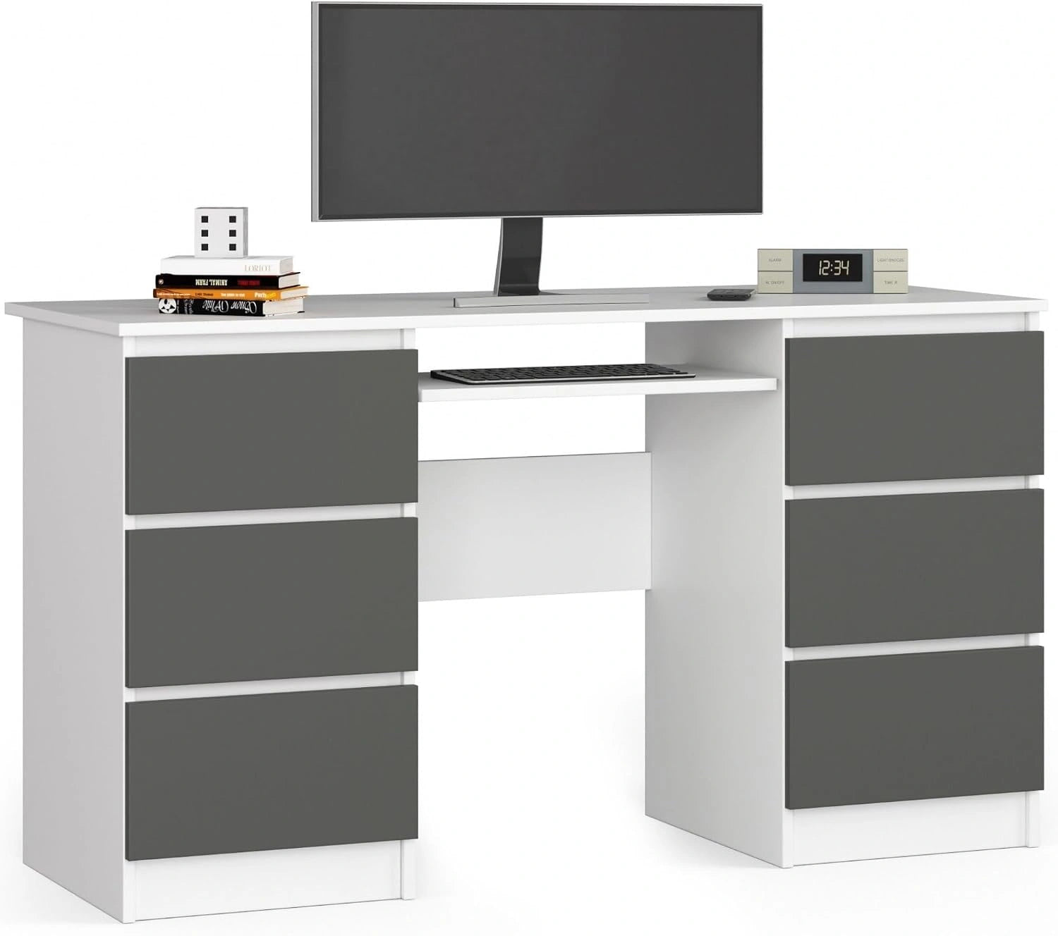 AKORD, Blanc + Gris Graphite Devant, 6 Tiroirs (2x3), 135 x 77 x 50 cm, 60 kg, Bureau avec Plateau pour Clavier, Écritoire pour Bureau