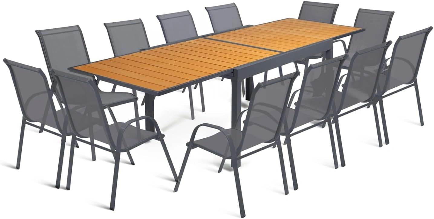 IDMarket - Salon de Jardin Poly Table Extensible 135-270 cm et 12 chaises, Coloris bois et gris foncé