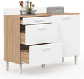 IDMarket - Buffet Bas de Cuisine 120 cm casserolier CINA façon hêtre, Blanc, Plan de travail h.83 cm 1 porte + 3 tiroirs