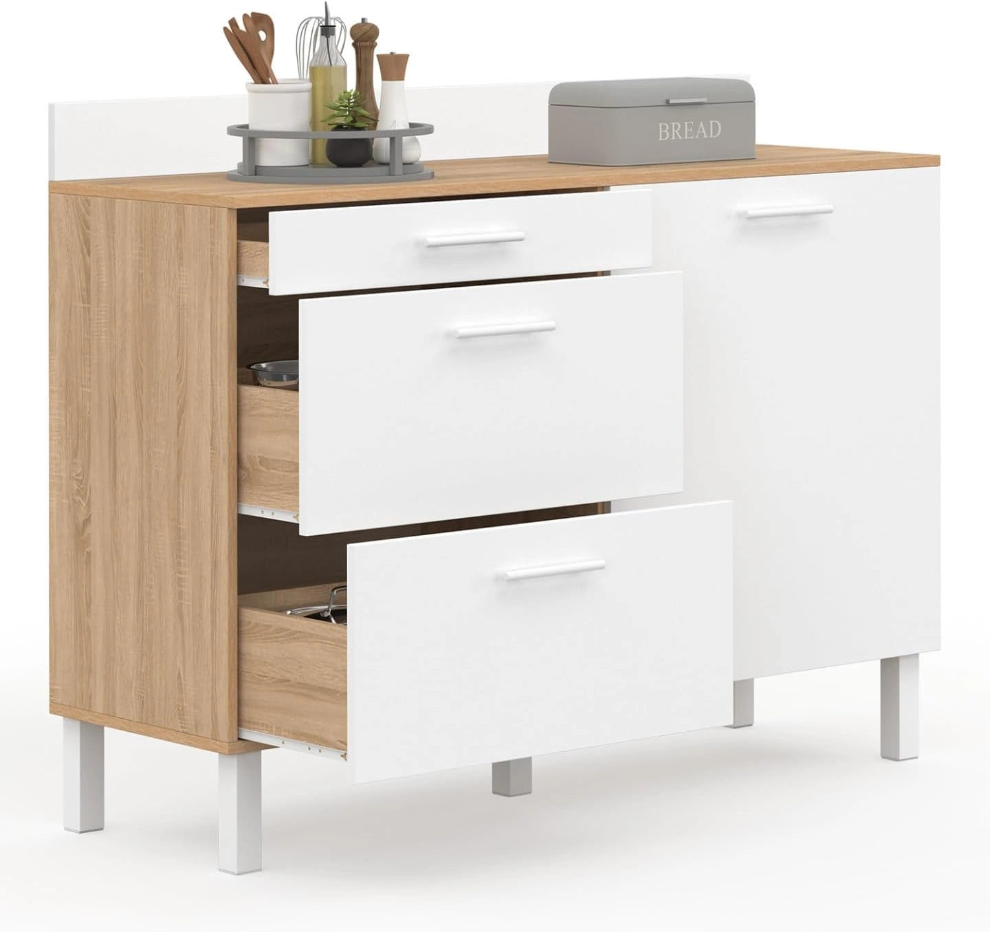 IDMarket - Buffet Bas de Cuisine 120 cm casserolier CINA façon hêtre, Blanc, Plan de travail h.83 cm 1 porte + 3 tiroirs