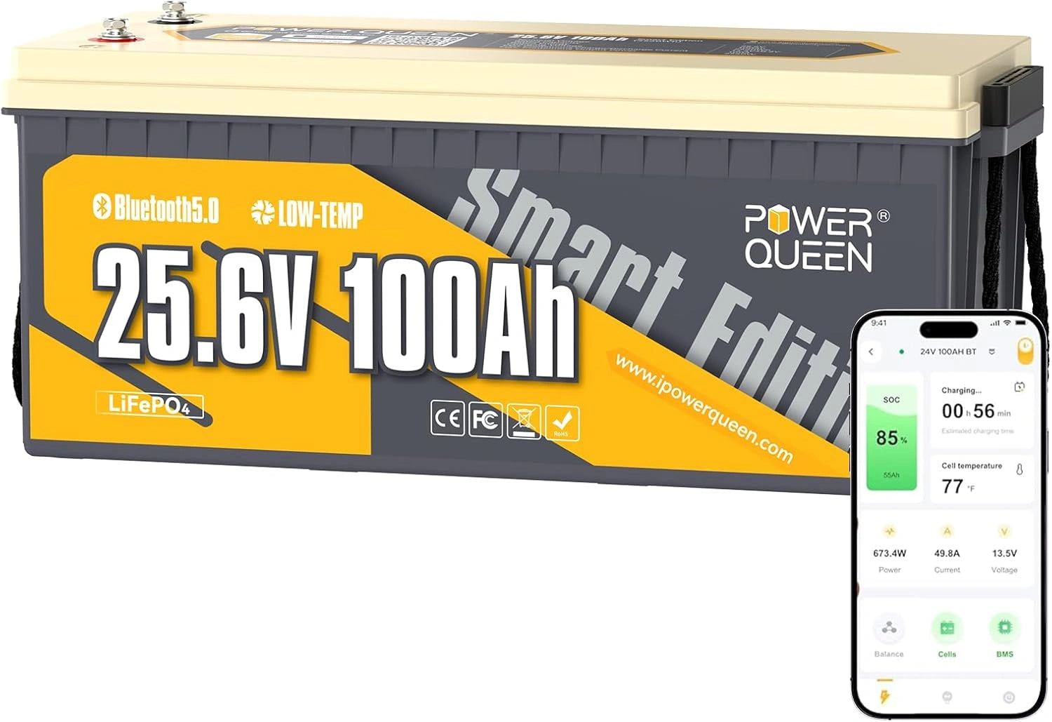 Power Queen Bluetooth Batterie Lithium 24 V 100 Ah, Batterie LiFePO4 avec BMS 100 A, Cycles Profondes, Système Solaire, pour Camping, Caravane, Voyage