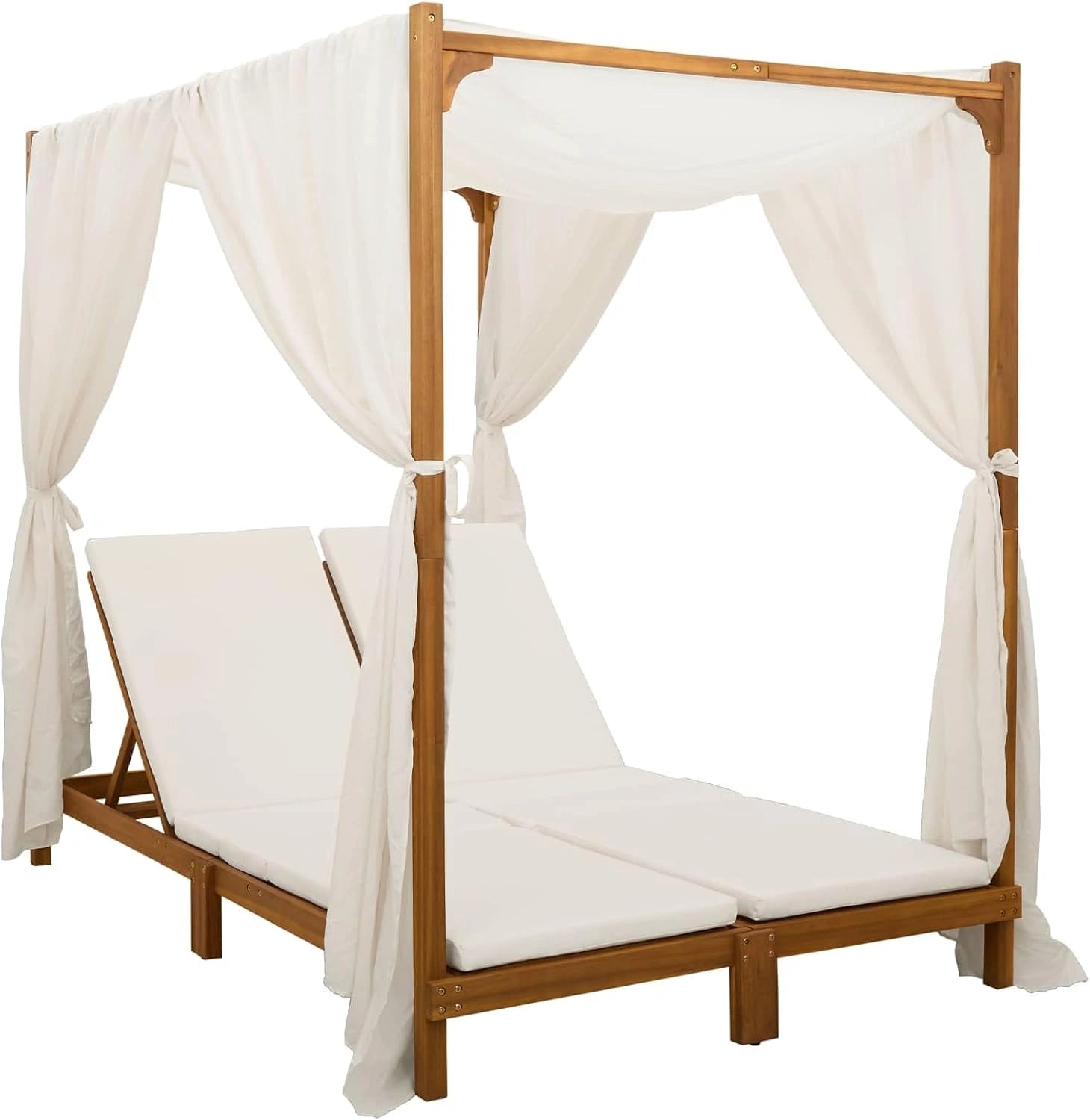Transat Double en Bois d'AcaciaMassif avec Auvent et Rideaux Lit de Jardin 2 Places avec Coussins Crème pour Extérieur Terrasse Patio et Balcon