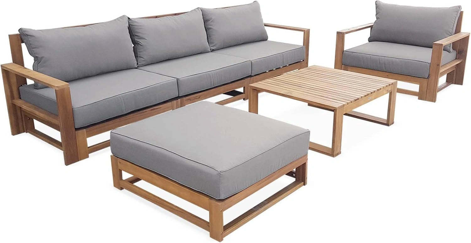 Alice's Garden - Salon de Jardin en Bois 5 Places - Mendoza - Coussins Gris. canapé. fauteuils et Table Basse en Acacia. 6 éléments modulables.