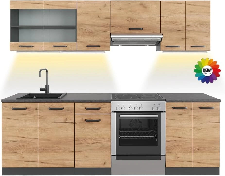 Vicco Ligne de Cuisine Raul, 240 cm, Chêne doré/Anthracite, PT À motifs noirs avec bande LED