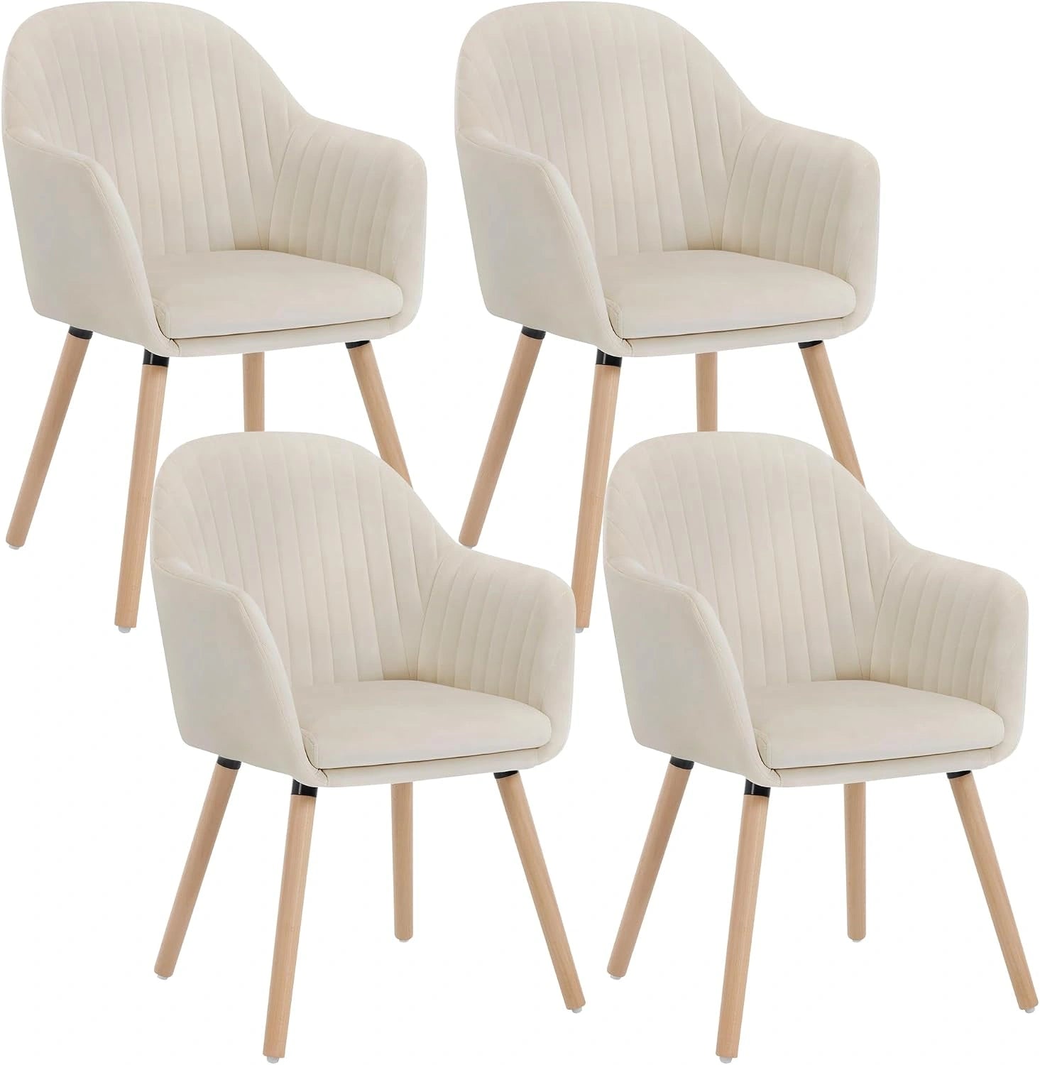 WOLTU Lot de 4 Chaises de Salle à Manger, Crème Blanc, Charge 150 kg, Fauteuil Rembourré avec Accoudoirs, Pieds en Bois Massif, Velours