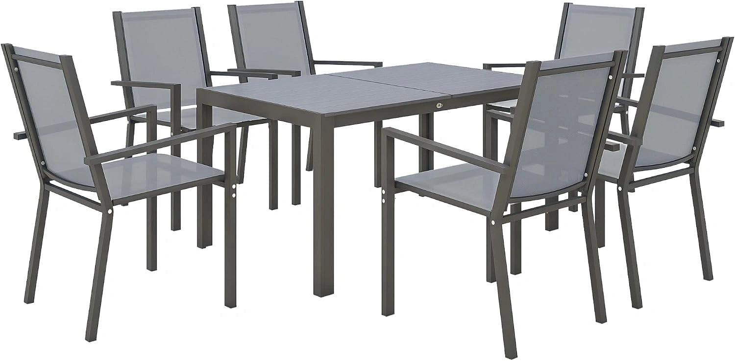 Outsunny Ensemble de Salle à Manger de Jardin pour 6 Personnes Gris, Salon de Jardin Extérieur, Cadres en Acier, Chaises Empilables, Dossiers Hauts