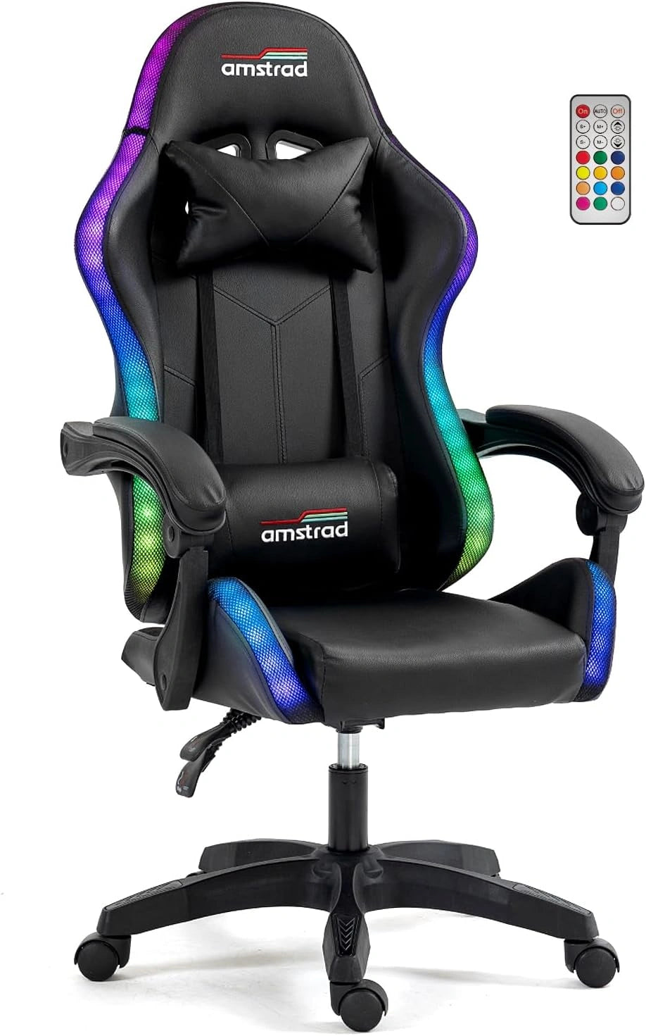 Amstrad AMS-LED-Darkside Fauteuil/Chaise de Bureau Gamer Noir avec éclairage LED 366 Effets - Télécommande