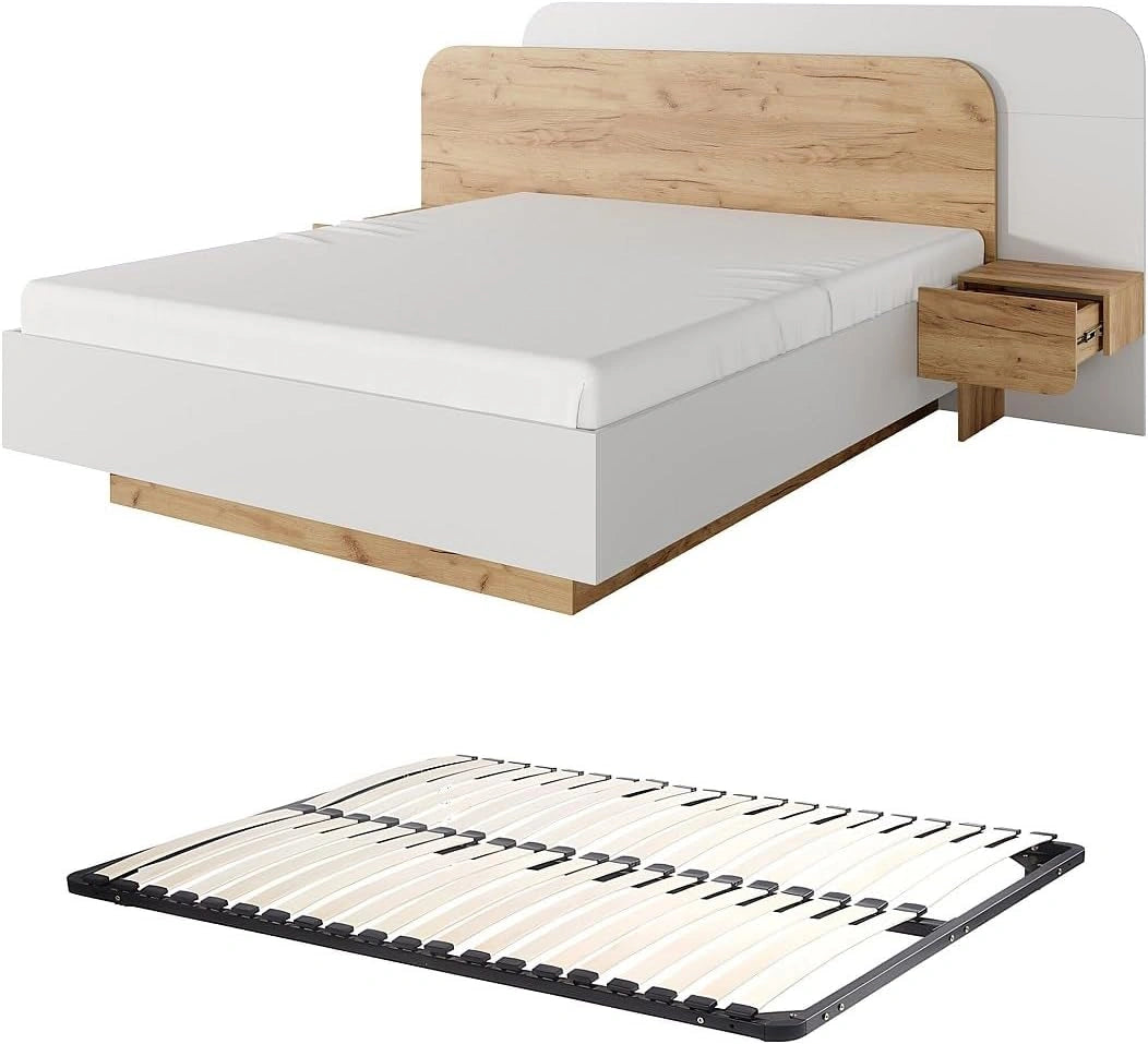 Vente-unique-Lit avec chevets 160 x 200 cm - avec LEDs - Coloris: Naturel et Blanc + Sommier - DESADO