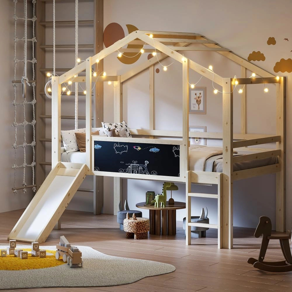 Lit cabane enfants 90x200, lit superposé enfant 90x200 lit enfant mi hauteur en bois, cadre de lit mezzanine 1 place avec sommier à lattes (Naturel)