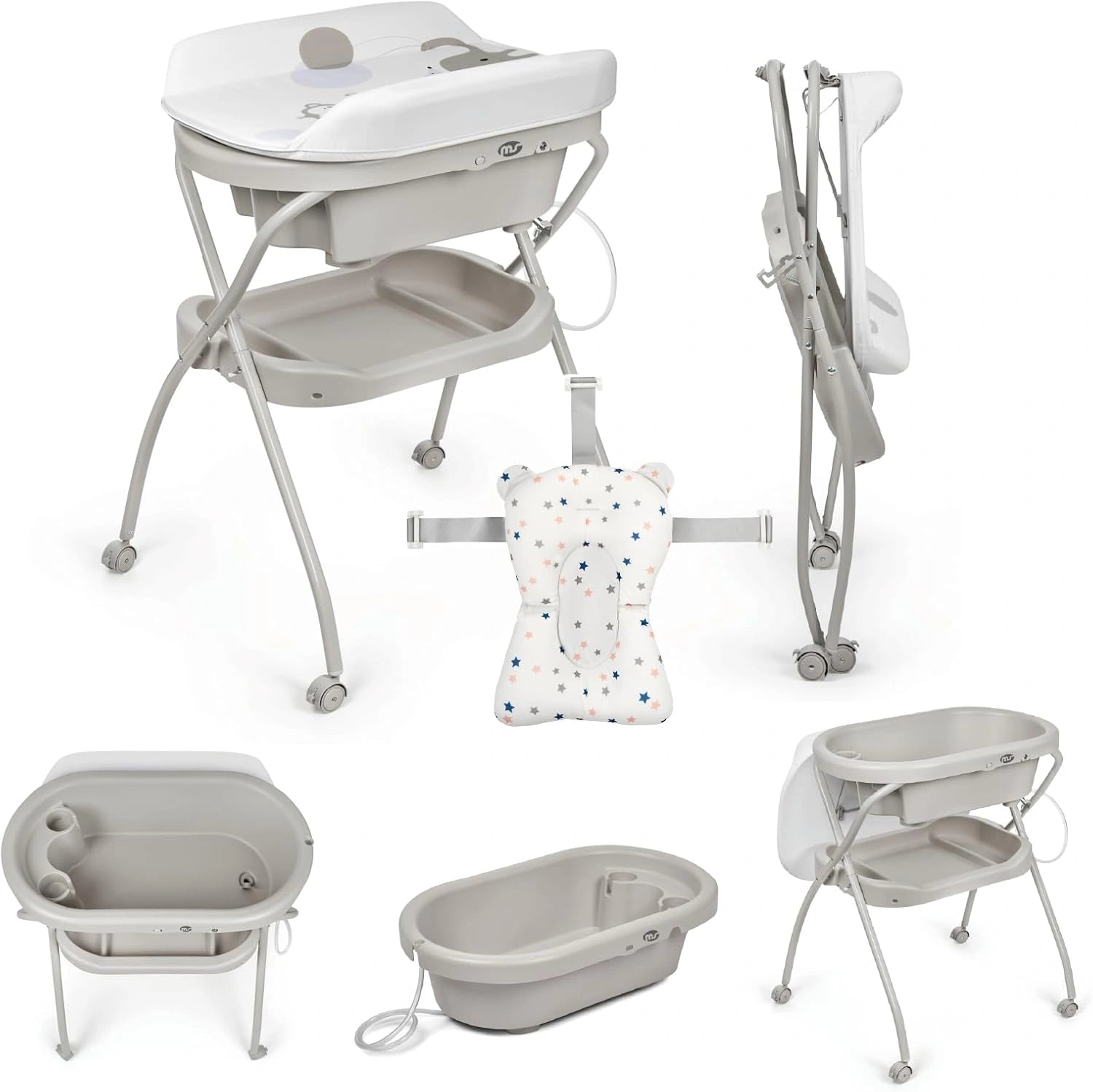 MS BabyWorld Bubble + Réducteur, 4 roulettes avec freins (Gris/Blanc), Fermeture compacte, organiseur