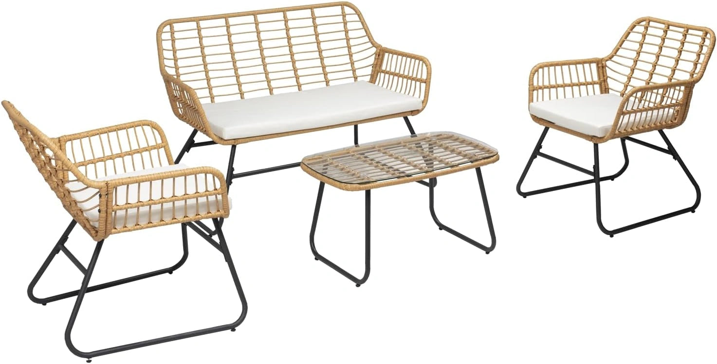 Happy Garden Salon de Jardin TIGA en résine tressée 4 Places - Coussins crème - 1 canapé, 2 fauteuils, 1 Table Basse