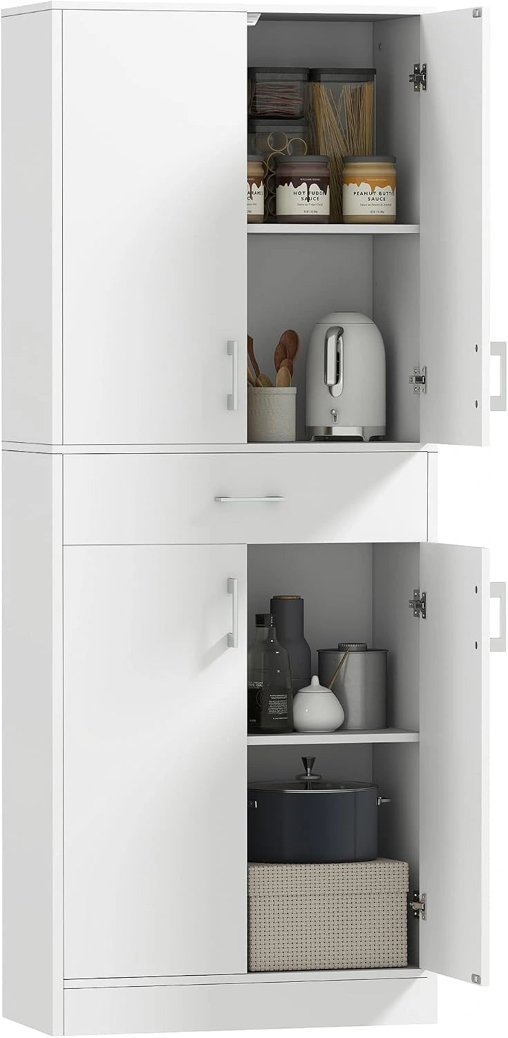 HOMCOM Buffet de Cuisine Buffet Haut 2 Étagères Réglables 180 cm Blanc, 4 Portes, 2 Placards, 1 Tiroir Central, Armoire de Cuisine