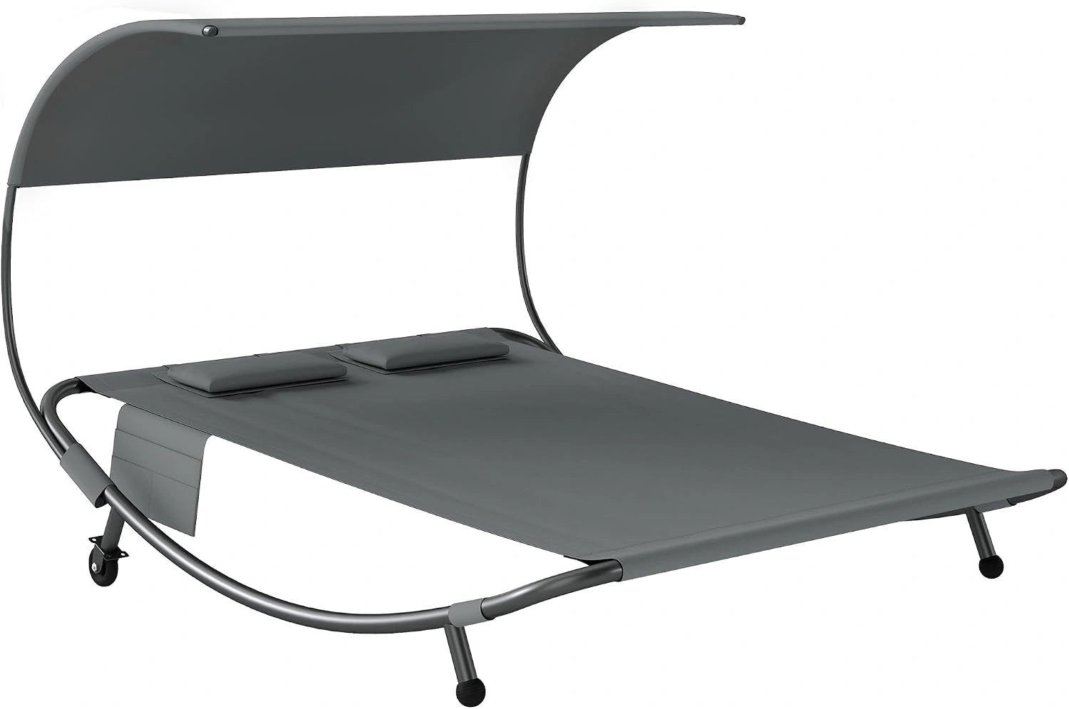 Outsunny Double transat à roulettes Max 240 kg Gris, transat de jardin 2 places en Texteline, 2 coussins, Canopée amovible, cadre en acier, poches