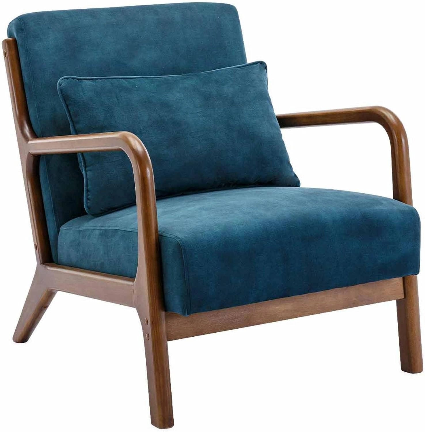 Alice's Home - Fauteuil en Velours Bleu pétrole. Pieds Bois d'hévéa teinté Noyer Clair. 1 Place Droit Fixe. Pieds Compas scandinave