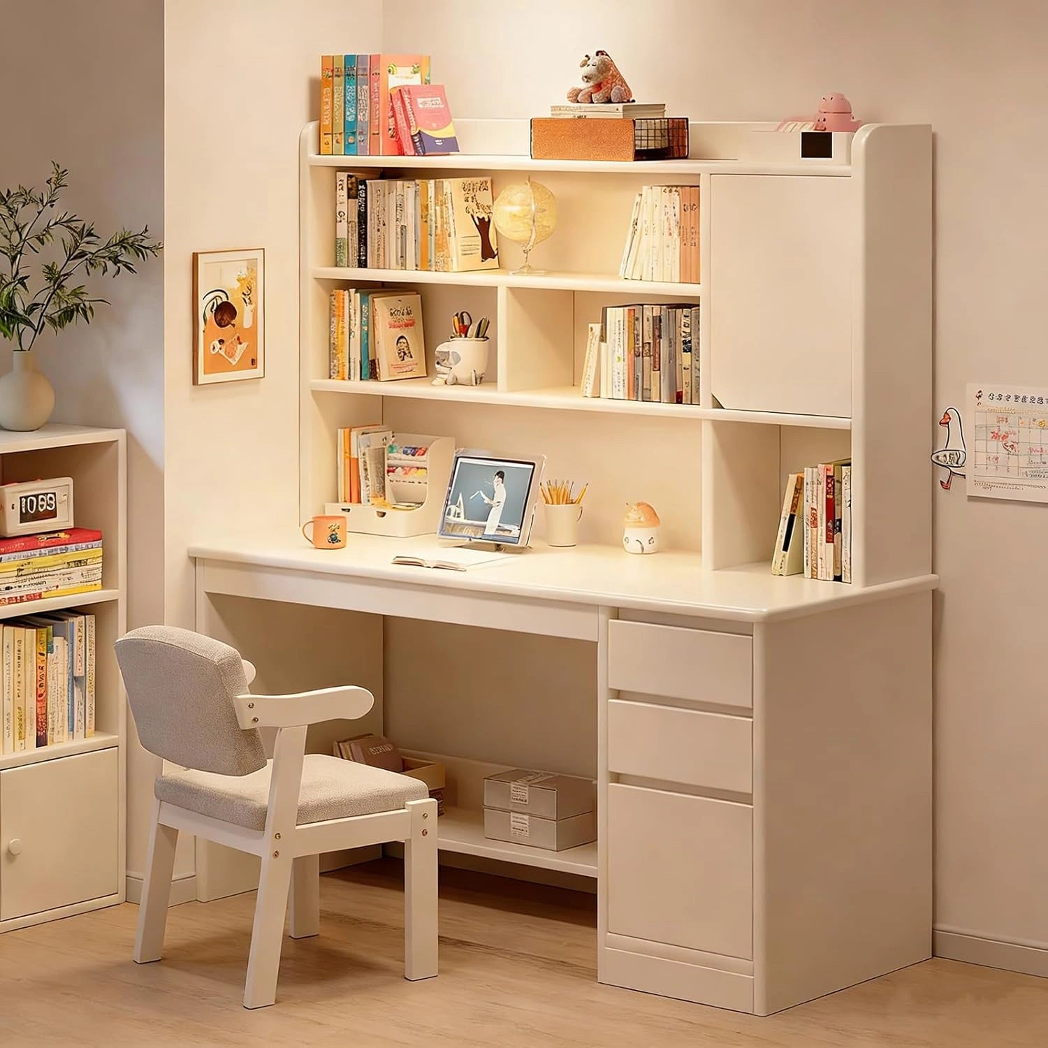 Bureau d'ordinateur Portable avec étagère，Grand Bureau d'écriture pour Bureau à Domicile Poste de Travail Avec Armoire Table D'étude Moderne