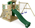 WICKEY Aire de Jeux Smart Camp portique en Bois avec balançoire et Toboggan Vert, Tour d'escalade pour Enfants avec bac à Sable