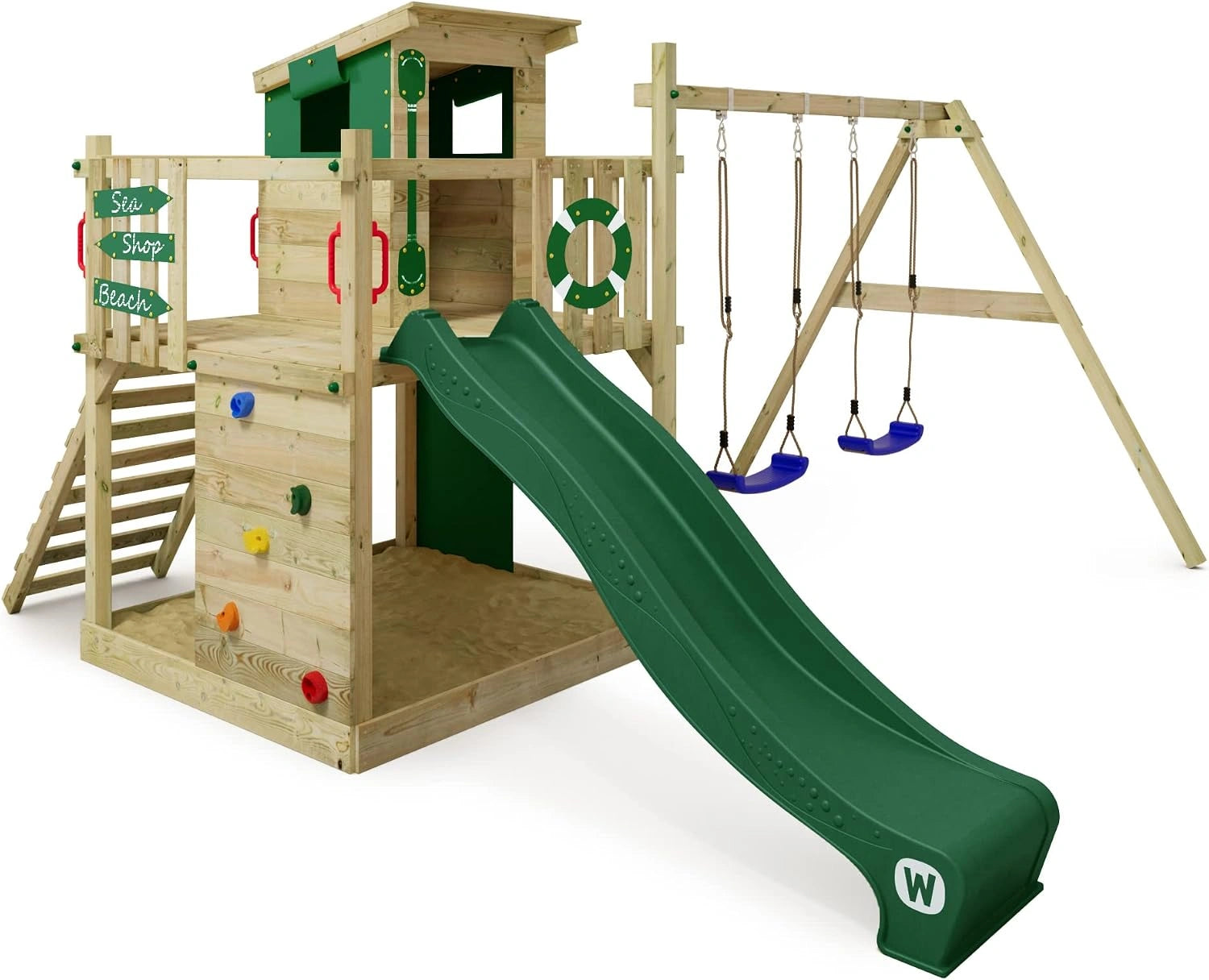 WICKEY Aire de Jeux Smart Camp portique en Bois avec balançoire et Toboggan Vert, Tour d'escalade pour Enfants avec bac à Sable