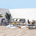 CONCEPT USINE Salon de Jardin Bas Aluminium CAMPALO 5 Pers Gris, Canapé 3 places + 2 fauteuils, 10 coussins, accoudoirs effet bois