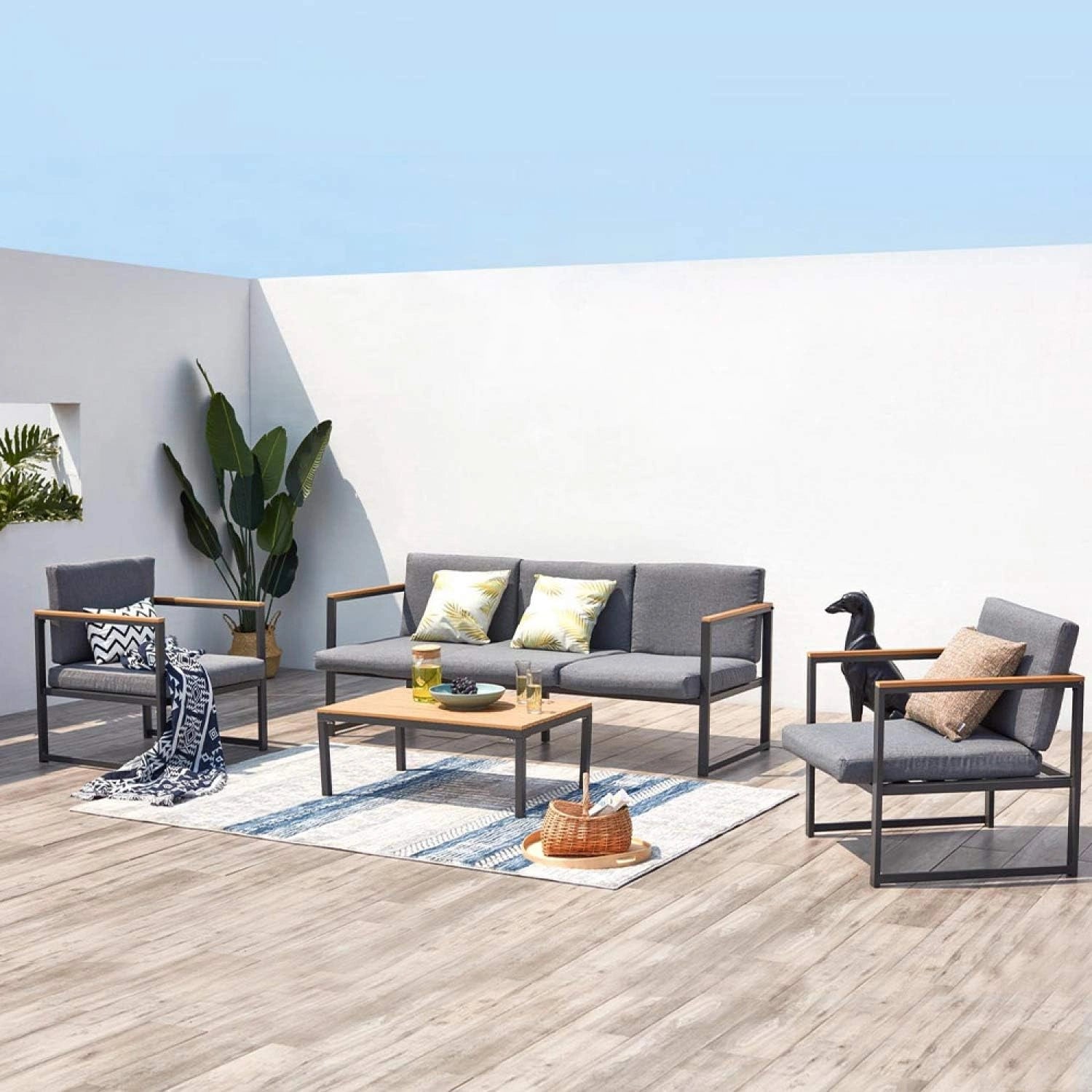 CONCEPT USINE Salon de Jardin Bas Aluminium CAMPALO 5 Pers Gris, Canapé 3 places + 2 fauteuils, 10 coussins, accoudoirs effet bois
