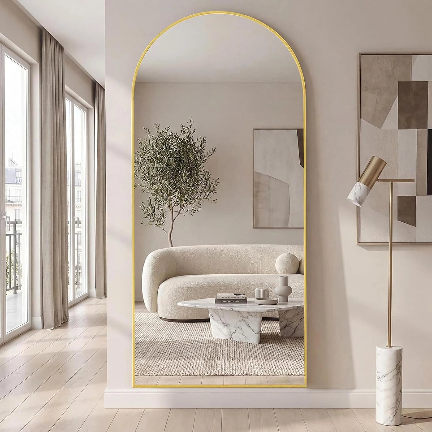 Miroir sur Pied et Mural 171x76 cm, Cadre Aluminium, Grand Miroir Pleine Longueur avec Verre Sécurité, Salon et Entrée, Design Arche pour Chambre