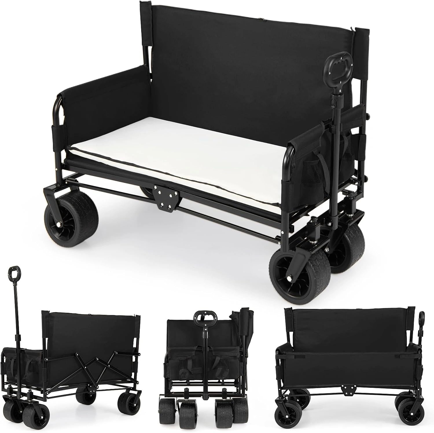 COSTWAY Chariot de Plage Pliable Banc 2 en 1, pour Camping Sport et Shopping (Noir)